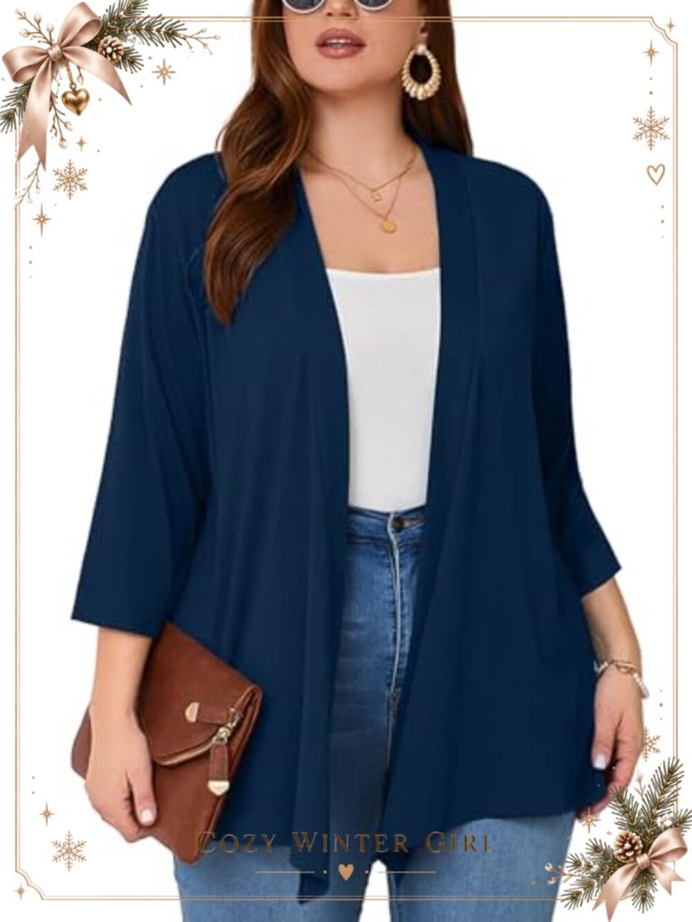 Plus Size Open Front Cardigan Lightweight 3/4 Sleeve Casual Kimono Cover Up